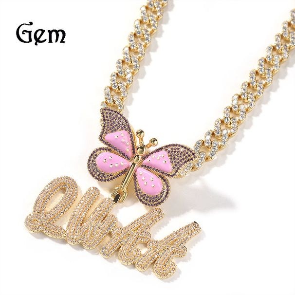 Hip Hop Letter INS Stijl Druppel Olie Vlinder Knoop Dubbele Laag Gras Lichaam Mode Diamant Inbedding Ketting_voghion.com