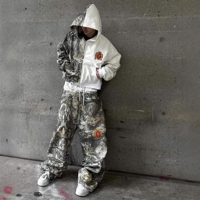 Men's Clothing Zipper Hooded Sweatshirt Double Waist Sweatpants Graffiti Loose Couple High Street Suit_voghion.com