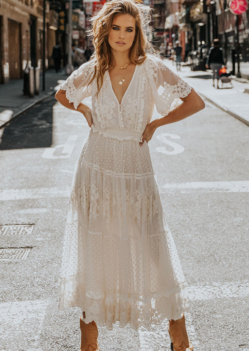 2022 sommer Neue frauen V-ausschnitt Kurzarm Spitze Kleid_voghion.com