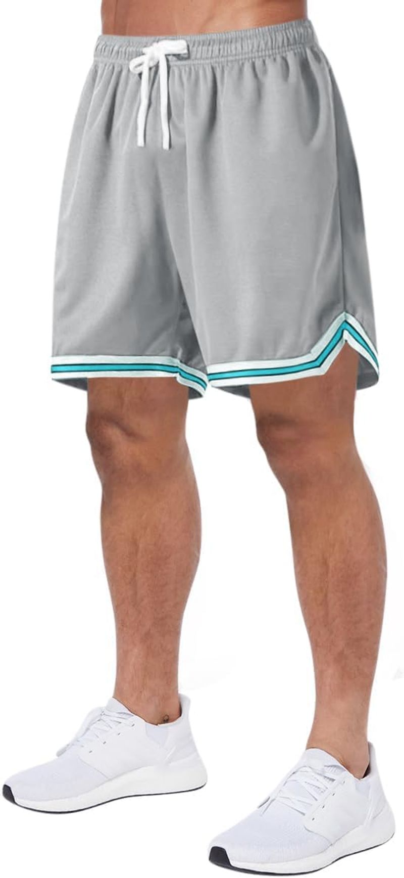 Short de sport respirant en maille pour homme, avec ourlet rayé et poches, taille élastique, décontracté, pour l'été_voghion.com