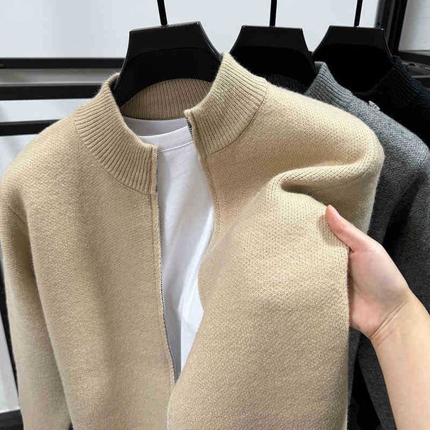 Minimalist Zip-Up Knit Sweater – Solid Color Lightweight Cardigan For Men (Stand Collar, Machine Washable, Acrylic Blend, Gray/Black/Cream, )_voghion.com