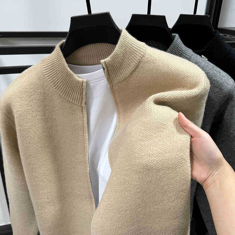 Pull minimaliste en tricot zippé – Cardigan léger de couleur unie pour homme (col montant, lavable en machine, mélange acrylique, gris/noir/crème)_voghion.com