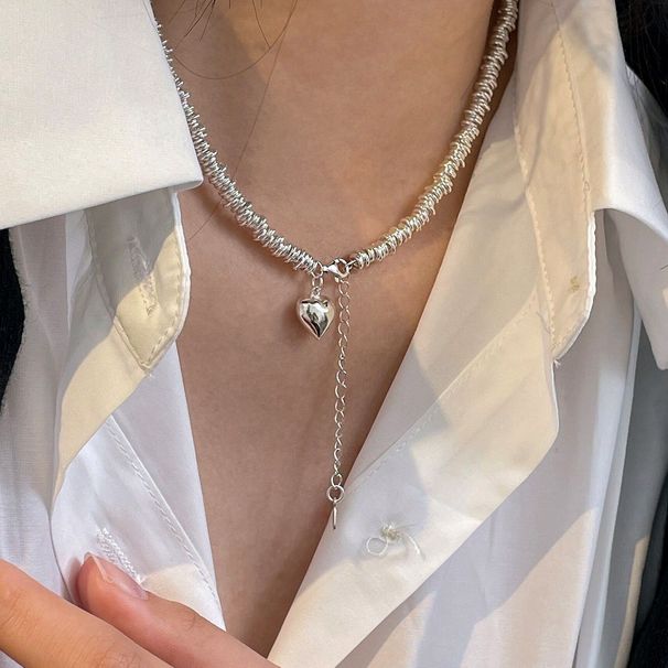 Collana in argento sterling per donna, ciondolo a forma di cuore tridimensionale, nuovo stile coreano di nicchia, cerchio in argento di alta qualità_voghion.com
