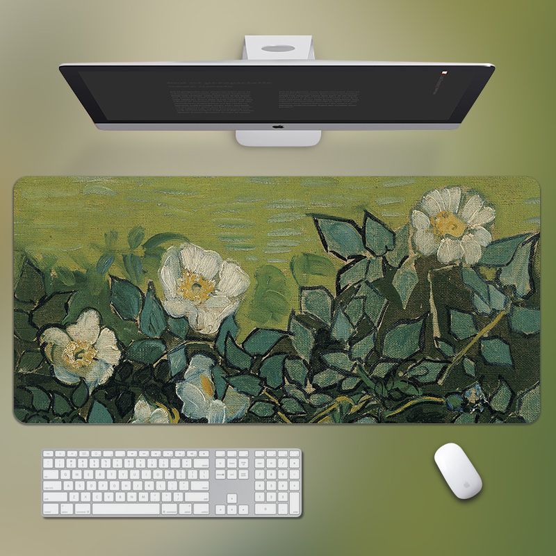 Supporto per mouse e tastiera di qualità imbattibile, con motivo a rosa verde del dipinto a olio di Vincent Van Gogh._voghion.com