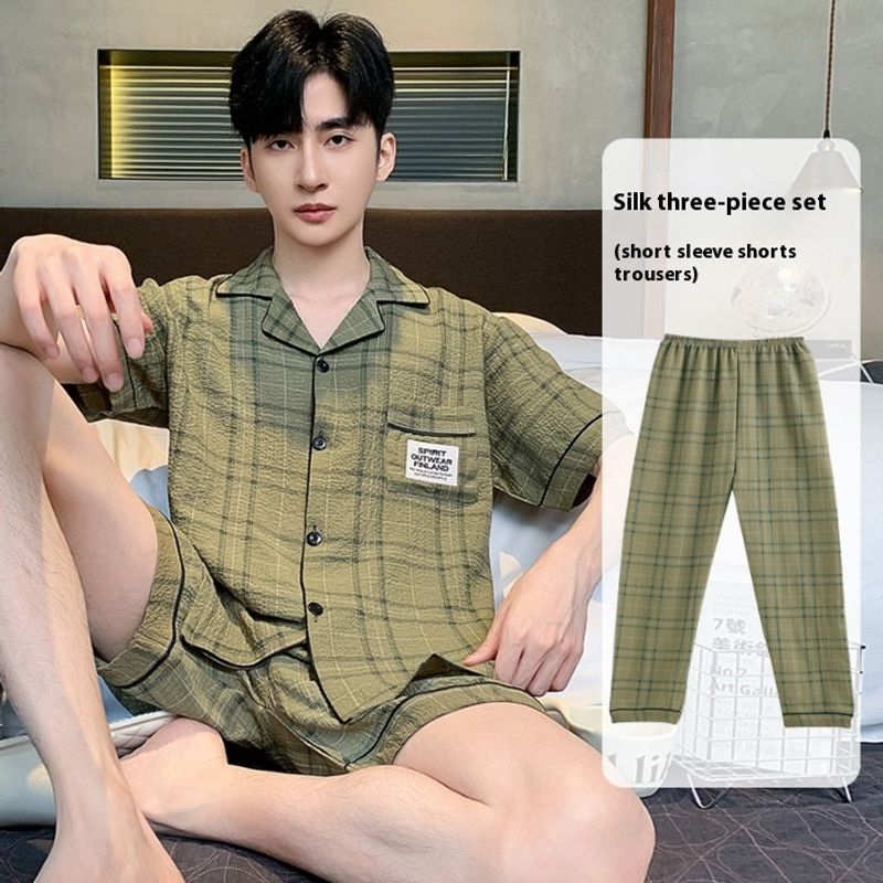 Pijamale bărbătești din mătase, cu mâneci scurte, design subțire, pentru adolescenți, în mărimi mari, set de vară simplu și casual pentru bărbați._voghion.com