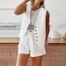 Damenbekleidung Weißer Kragen Manschetten Gestreifter Spleißen Freizeitanzug Ärmellose Weste Shorts Dreiteiliger Anzug_voghion.com