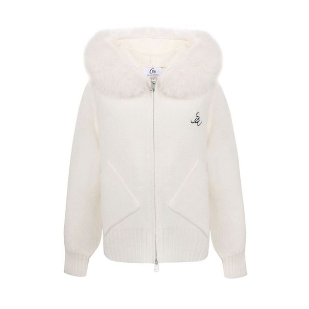 Casaco cardigã feminino de tricô com capuz e gola de pele macia e delicada, novo modelo folgado e versátil com zíper para o outono._voghion.com