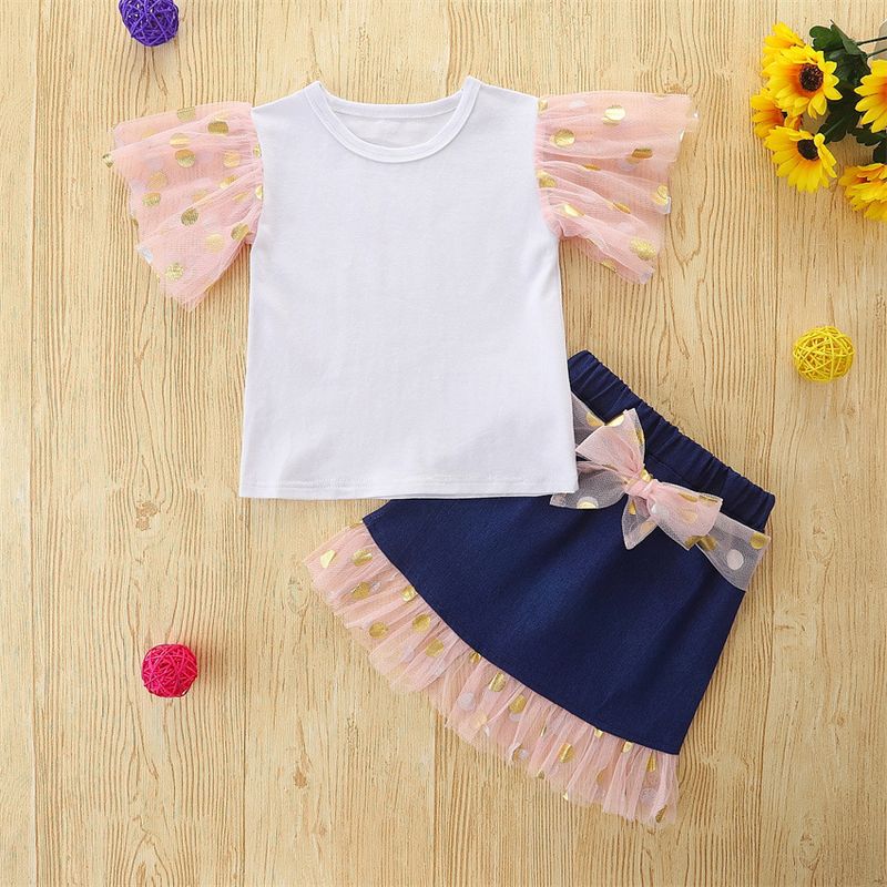 Îmbrăcăminte pentru copii, costum de vară pentru fete, din denim, fustă plisată cu bretele neregulate pentru bebeluși_voghion.com
