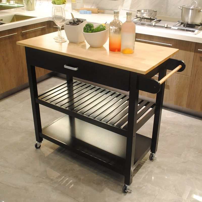 Kitchen Island Cart, Rolling Trolley Cart Utility Cabinet, With Rubber Wood Top, Easy -Clean With Towel Rack, One Drawer, Lockable Wheels, Black_voghion.com