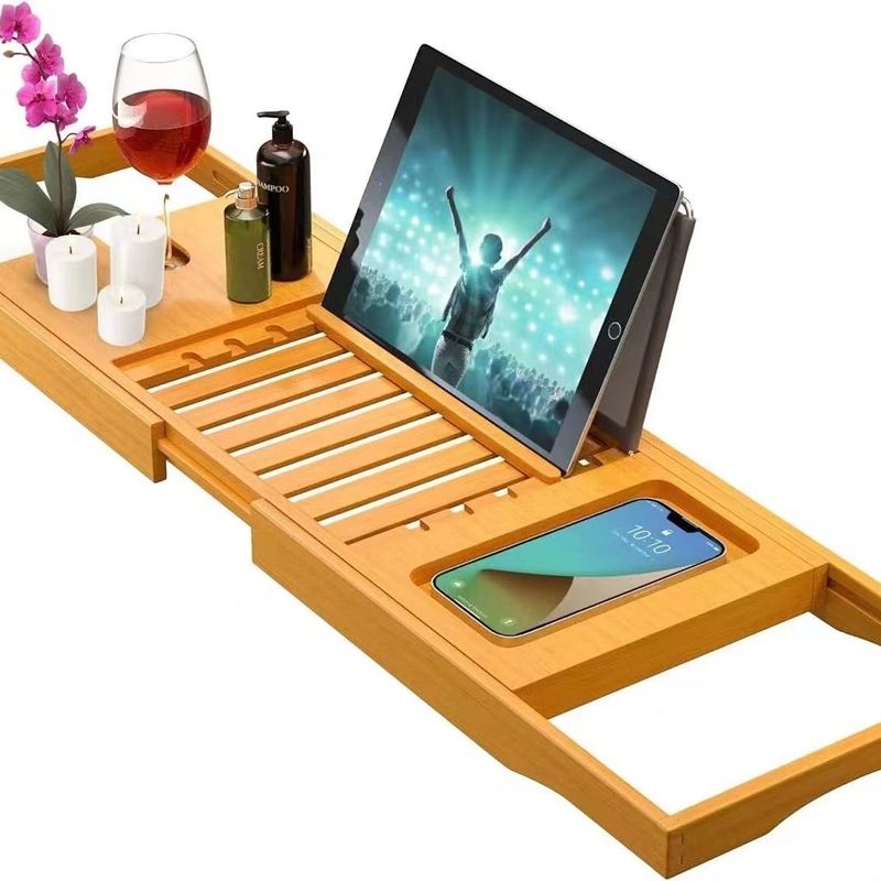 Bamboo Adjustable Extendable Bathtub Storage European Style Bathroom Non-Slip Luxury Convenient Bath Bucket Rack_voghion.com