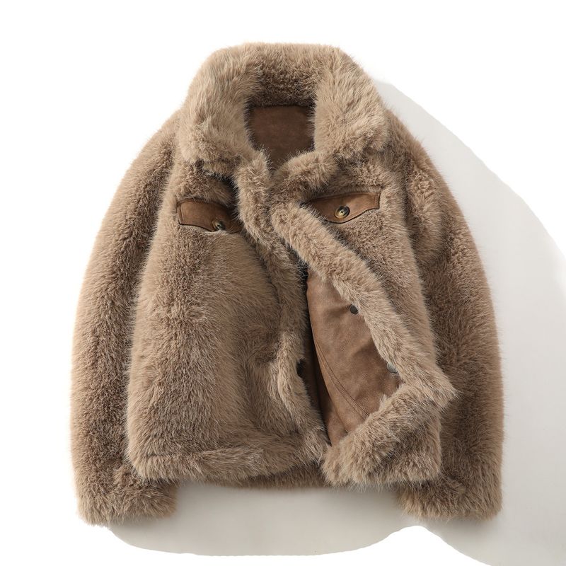 ​Reversible Faux Shearling Jacket – Oversized Winter Coat With Notched Collar (Sizes M-5XL, Coffee & Gray)​_voghion.com