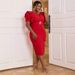 Plus Size Elegant Split Sleeve Party Dress – Belted Wrap Design, Stretchy Polyester, Red (S-1XL, Mid-Length, Flattering A-Line Cut)_voghion.com