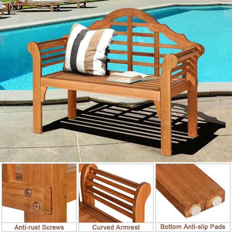49 Inch Eucalyptus Wood Outdoor Folding Bench with Backrest Armrest for Patio Garden_voghion.com