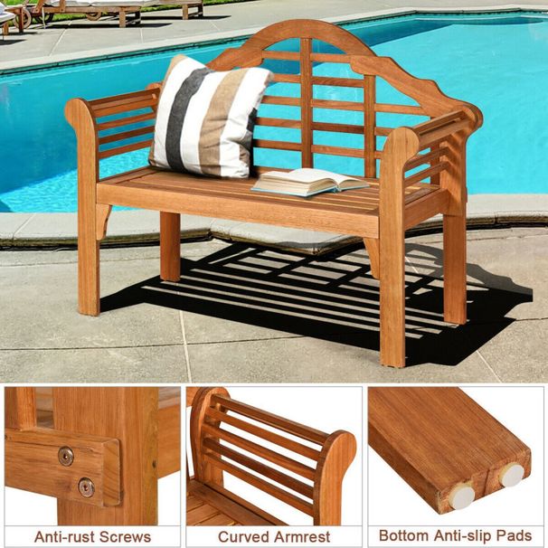 49 Inch Eucalyptus Wood Outdoor Folding Bench with Backrest Armrest for Patio Garden_voghion.com