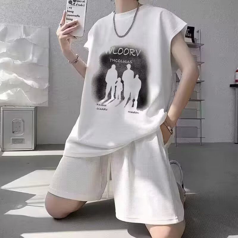 Men's Casual Waffle Waistcoat Sleeveless T-Shirt Large Size Suit Men's Simple Loose Wide-Leg Straight Print Shorts_voghion.com