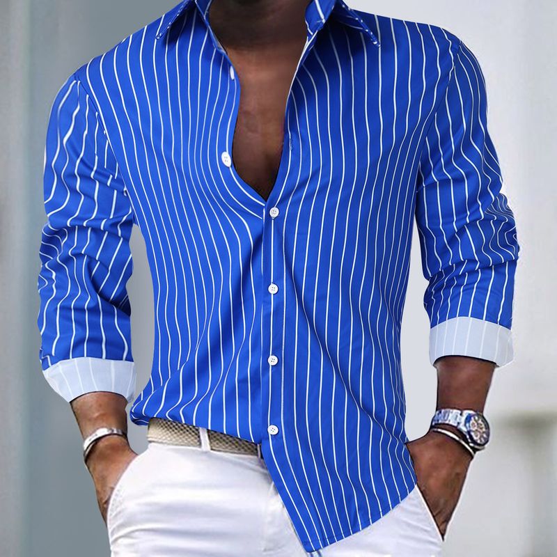 Men’s Clothing Autumn And Winter Men's Striped Lapel Cardigan Hot Sale Striped Long Sleeve Shirt_voghion.com