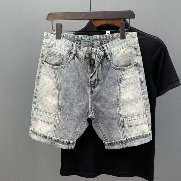 Blaue, dünne, bedruckte Jeansshorts für den Sommer für Männer, personalisiertes Spleißen, schmale Passform, kleiner Fuß, fünfbeiniges P, lässige Mitte_voghion.com