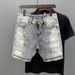 Blaue, dünne, bedruckte Jeansshorts für den Sommer für Männer, personalisiertes Spleißen, schmale Passform, kleiner Fuß, fünfbeiniges P, lässige Mitte_voghion.com