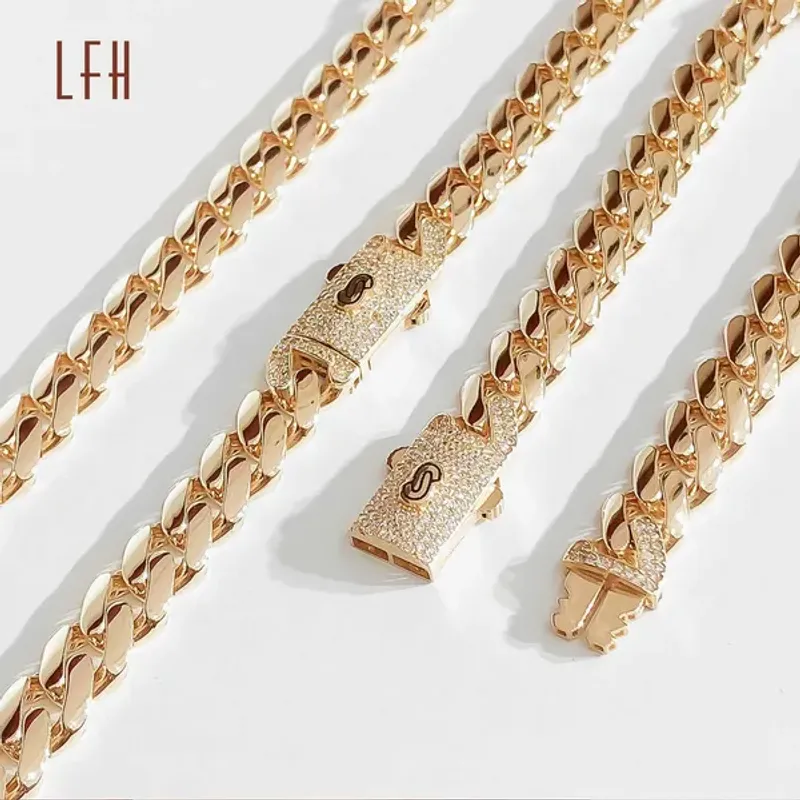 Wholesale Choker Custom Gold Chain Real Gold 8.75mm Miami Monaco Cuban K Necklace_voghion.com
