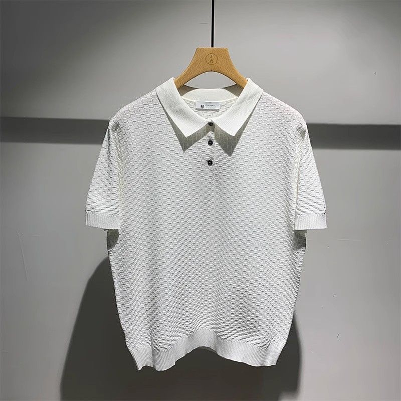 Męska odzież Jedwab lodowy oddychający modny wysokiej klasy klapy POLO koszula lato nowy męski biznesowy casualowy smukły dzianinowy sweter T-shirt_voghion.com