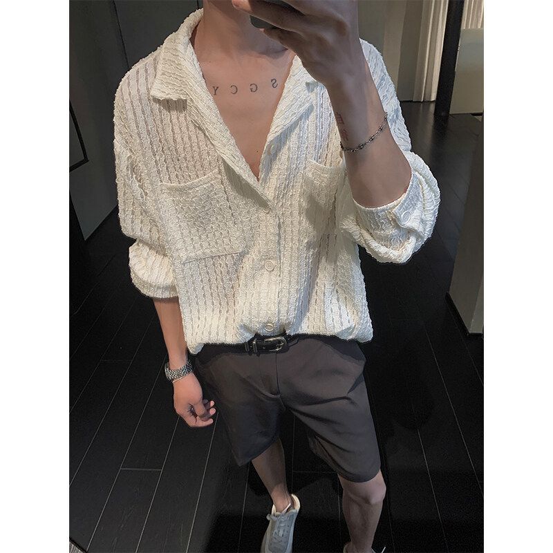 Ületamatult kvaliteetne neutraalse stiiliga õõnesmustriga meeste pikkade varrukatega tipptasemel sensuaalne, lahe ja stiilne suvine Yuppie Kuuba kraega õhuke särk_voghion.com