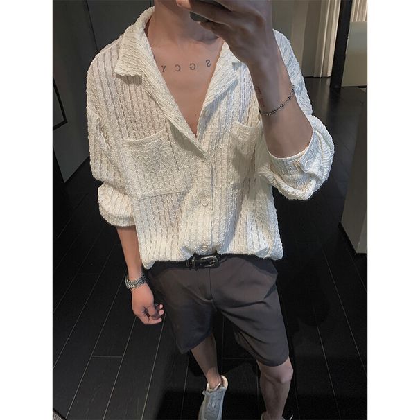 Ületamatult kvaliteetne neutraalse stiiliga õõnesmustriga meeste pikkade varrukatega tipptasemel sensuaalne, lahe ja stiilne suvine Yuppie Kuuba kraega õhuke särk_voghion.com