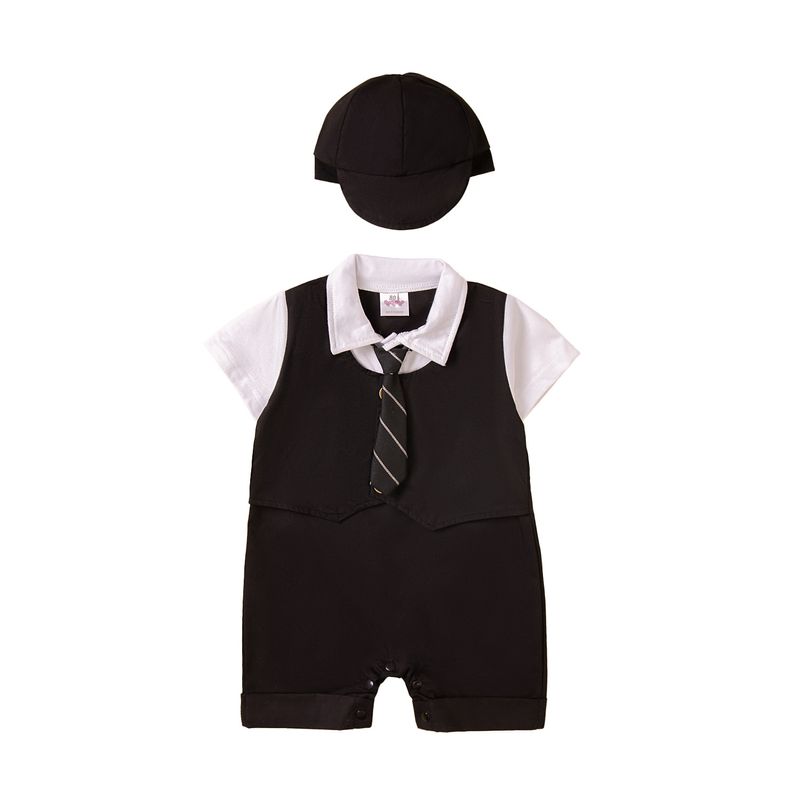 SAMGAMI BABY Korean Version Summer Boy Bow Tie White Short Sleeved Suspenders Romper + Vest + Hat Three Piece Set_voghion.com