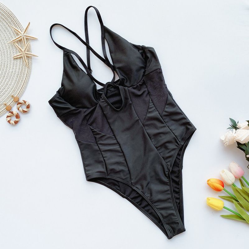 2025 Sexy High Waist Bikini One-Piece Swimsuit Women Solid Color Cross Strap Swimwear_voghion.com