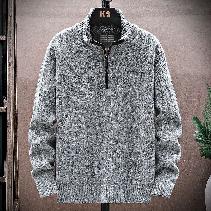 2023 new pullover sweatshirt knitted cardigan outer wear plus velvet thickened stand collar sweater jacket for young and middle-aged men_voghion.com