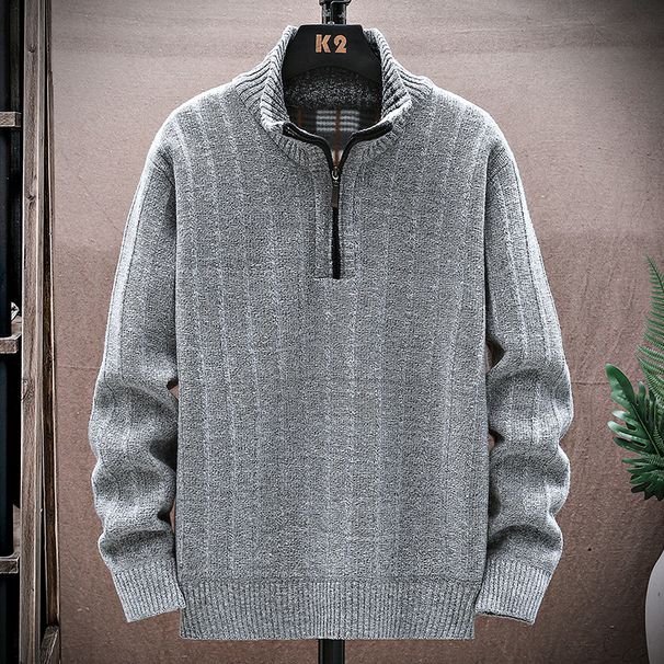 2023 new pullover sweatshirt knitted cardigan outer wear plus velvet thickened stand collar sweater jacket for young and middle-aged men_voghion.com