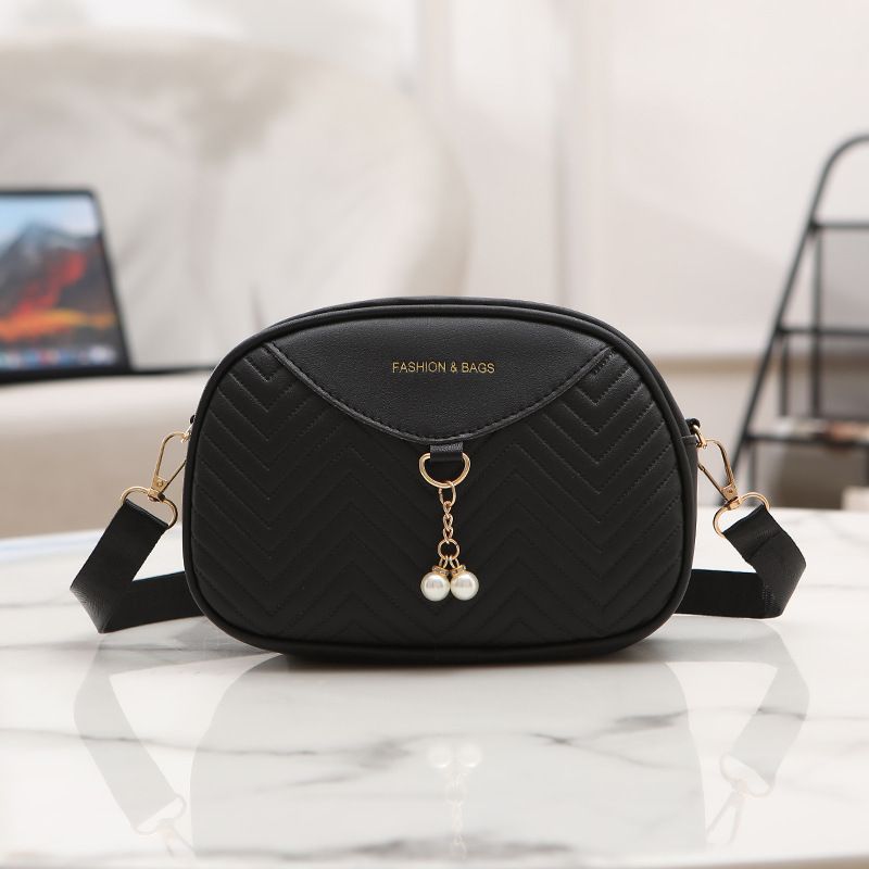 Women's Wavy Embossed Crossbody Bag - Solid Color Camera Purse With Pearl Accent​_voghion.com