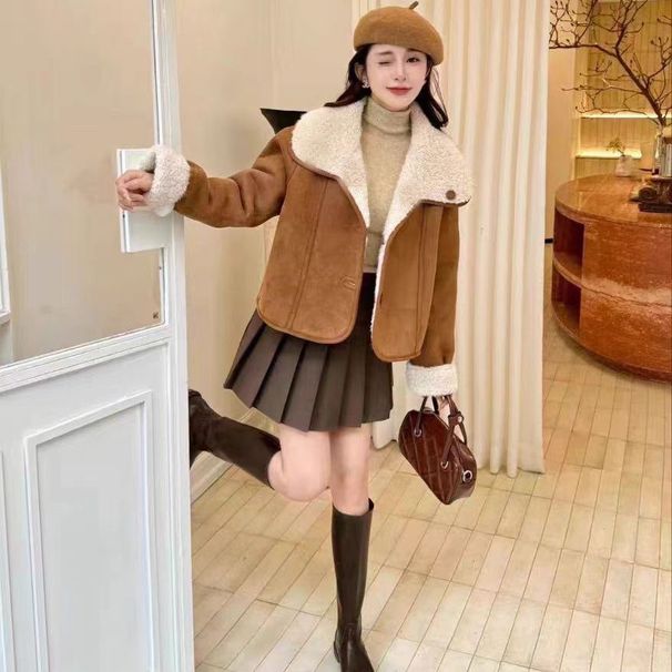 Cappotto in pelle di pecora scamosciata color cachi per donna, autunno e inverno 2024, nuova giacca in cotone foderata in pile_voghion.com