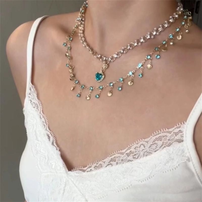 Holiday Seaside Exotic Sea Blue Love Shell Double-layer Necklace Women's Fashion High-end Collarbone Chain_voghion.com