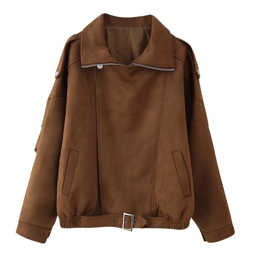 Stylish Short Biker Jacket For Women - Trendy Casual Outerwear With Stand Collar & Zipper Closure, Polyester Fabric, Slim Fit, Dark Brown_voghion.com