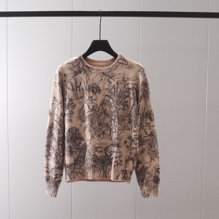 Women's jungle tiger print round neck pullover long-sleeved sweater base layer slim slim sweater_voghion.com
