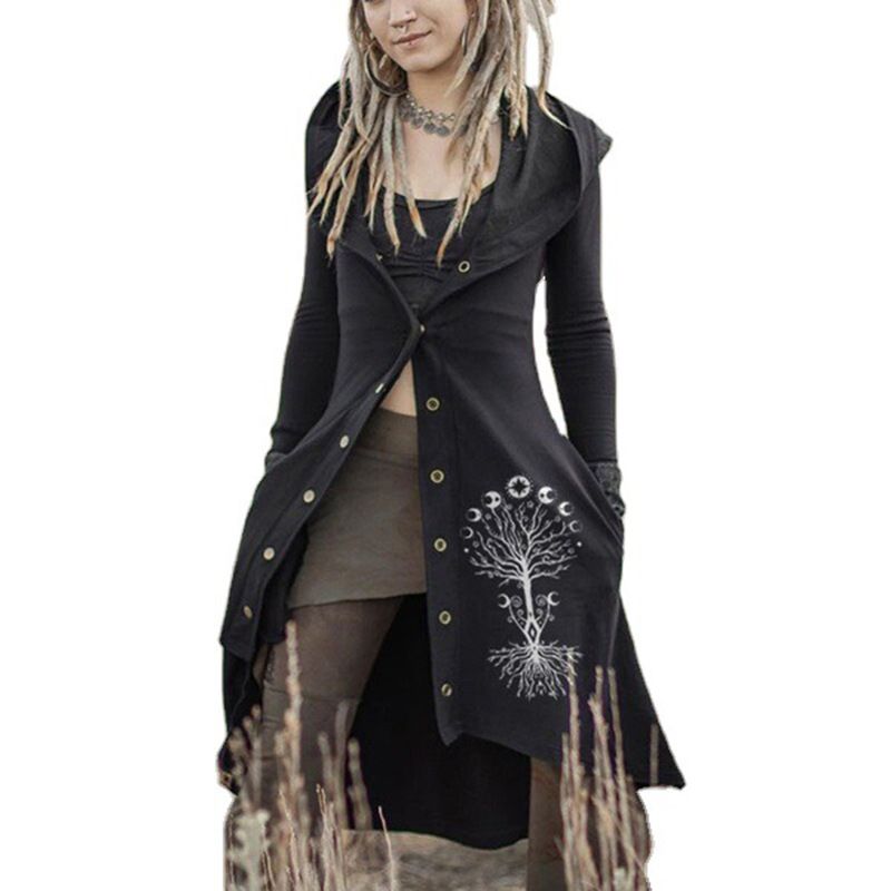 Giacca da donna con scialle con cappuccio retrò medievale medievale Giacca irregolare sottile monopetto a maniche lunghe stampata nera per il tempo libero_voghion.com