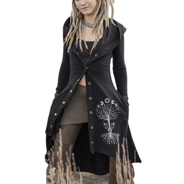 Giacca da donna con scialle con cappuccio retrò medievale medievale Giacca irregolare sottile monopetto a maniche lunghe stampata nera per il tempo libero_voghion.com