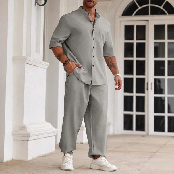 Herrenbekleidung Pendleranzug aus Baumwolle und Leinen, lässiges Knopfhemd, kurzärmelige Hose, Herren-Outing-Trend_voghion.com