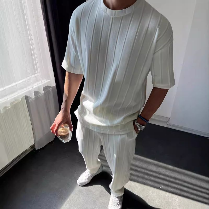 Men's Clothing summer striped short sleeved shorts suits casual fashion men's t shirt two piece suit_voghion.com
