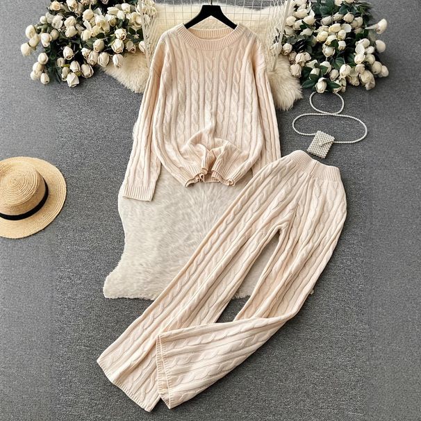 Elegantes Set aus Pullover und Hose mit Zopfmuster für Damen, lockere Passform, Rundhalspullover mit figurbetonter Hose – weiche Viskosemischung – Beige (S/M/L)_voghion.com