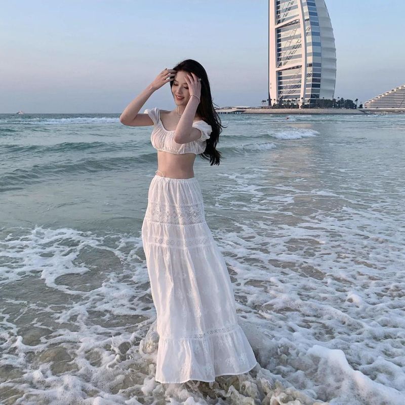 French Vacation Style White Embroidery One Shoulder Split Bikini Seaside Sexy Slimming Long Skirt Swimsuit Three Piece_voghion.com