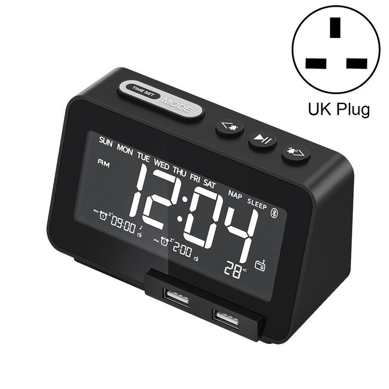 K5 Wireless Bluetooth Speaker Desktop Alarm Clock Radio, Specification: UK Plug(Black)_voghion.com