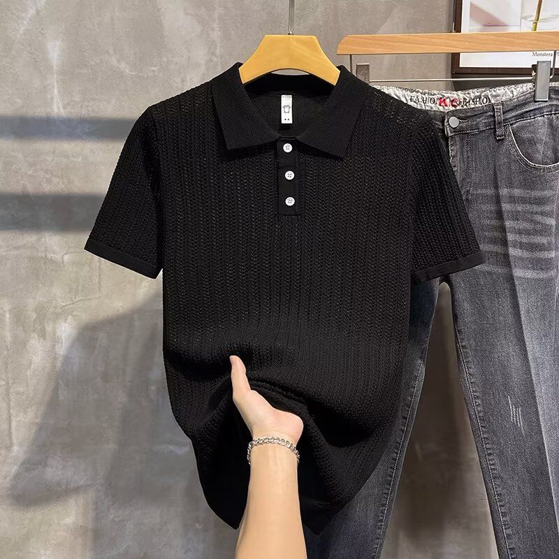 Herrkläder Enfärgad ihålig issilke kortärmad Pikétröja för män slimmad modetrend lapel halvärm T-shirt avslappnad andas_voghion.com