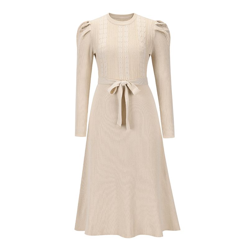 Damen-Blasen-Langarm-Strickrock im langen, temperamentvollen, dünnen Swing-Kleid mit hoher Taille und unterem Pullover-Kleid_voghion.com