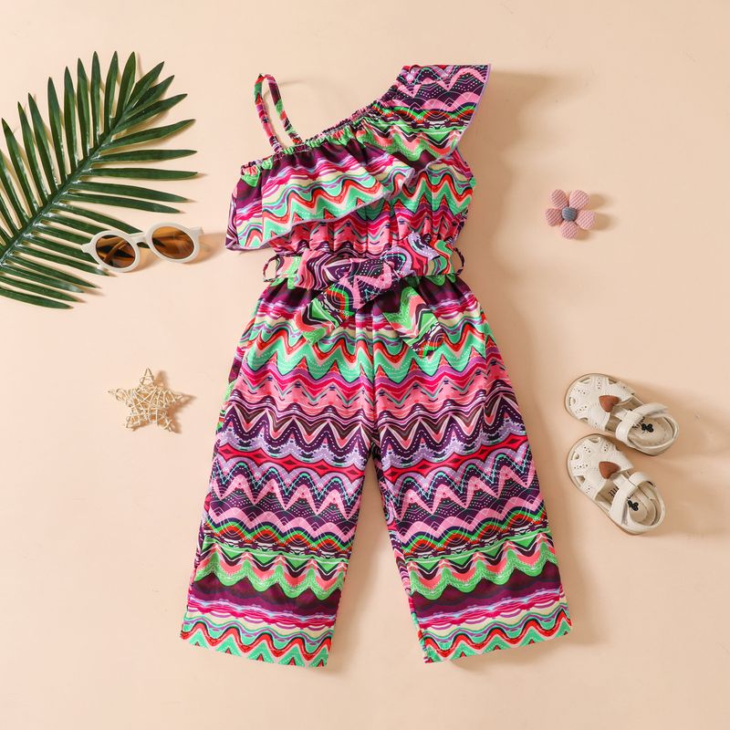 Kinderkleding kinderkleding zomer meisjes jumpsuit small en medium kinderen schuine schouder bedrukte jumpsuit_voghion.com