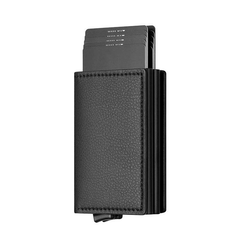 Portafoglio anti-RFID con porta carte di credito, multi-slot, espulsione automatica, in vera pelle, con doppia scatola in alluminio_voghion.com