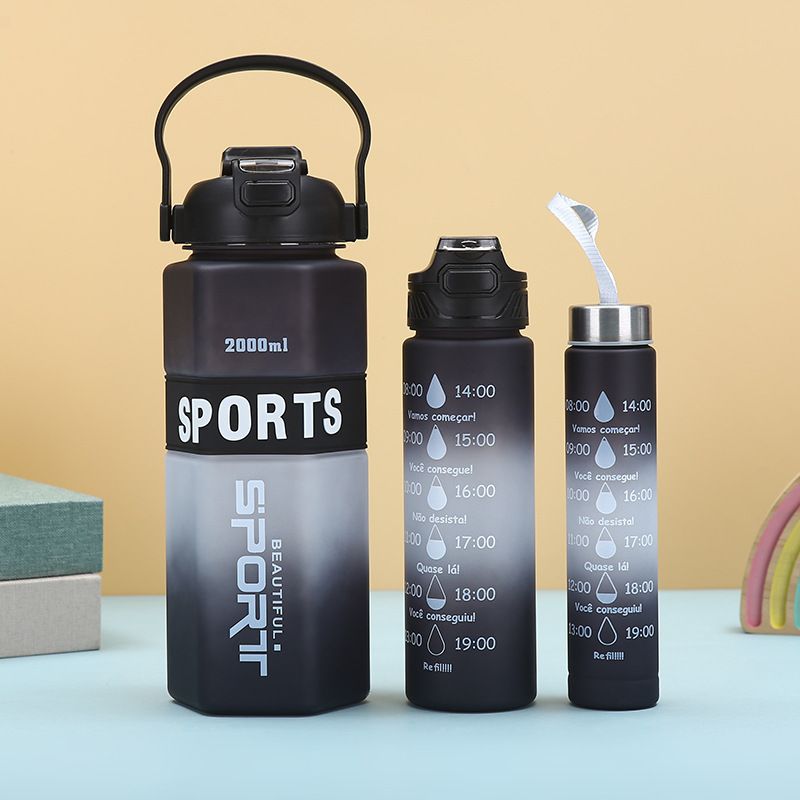Unisex gradiëntkleur zeshoekige plastic beker driedelige set buiten handige sportwaterfles grote capaciteit met rietje grote buikbeker_voghion.com