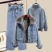 Autumn Winter Women's Outfit 2025 New Fleece Lined Thickened Denim Jacket Slimming Jeans Street Style Three-Piece Set_voghion.com