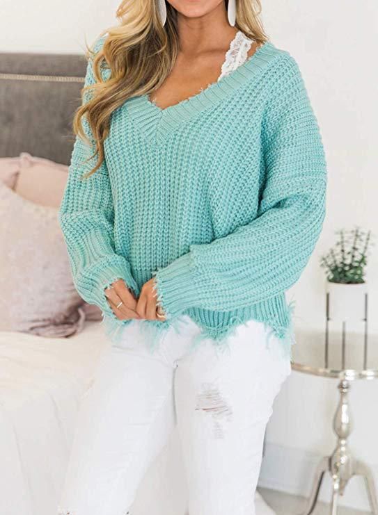 Women's V-neck Off-shoulder Loose Pullover Sweater For Women Loose Knitted Sweater Irregular_voghion.com