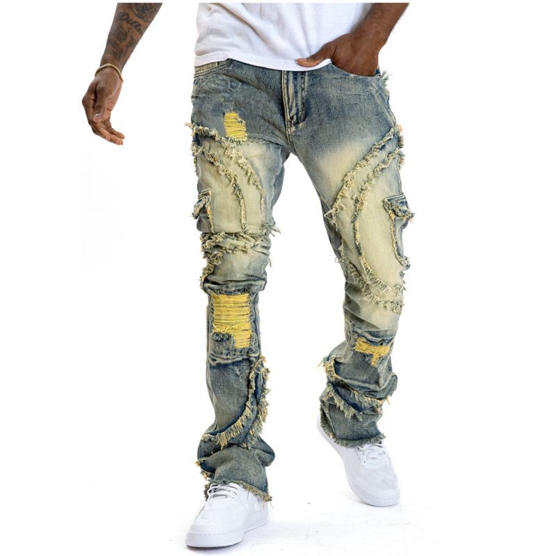 Men's Ripped Stacked Jeans Distressed Slim Fit Thin Straight Leg Jeans Fashion Hip Hop Denim Pants Casual Streetwear_voghion.com